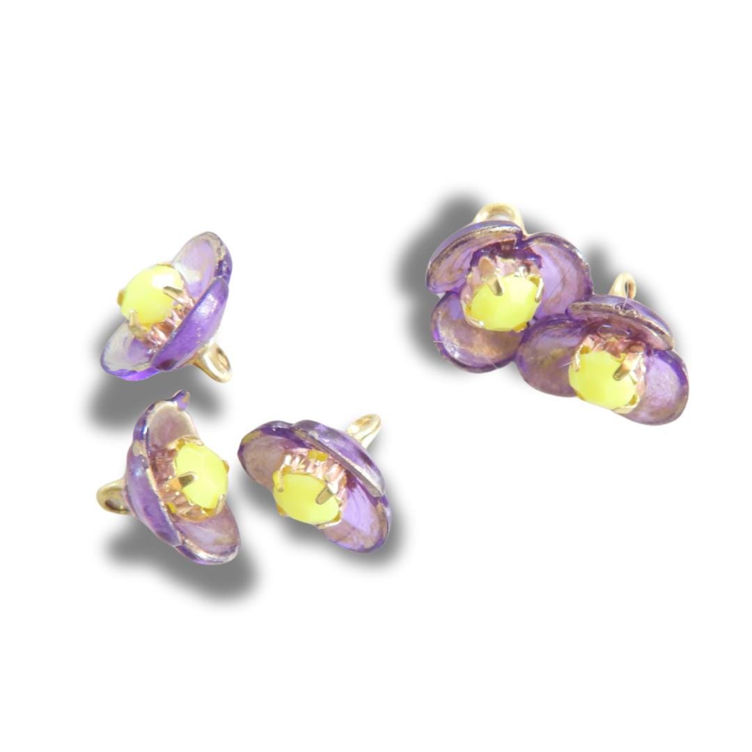 Tiny purple and gold jeweled buttons with yellow rhinestone centers—8 mm, set of 5, handmade in Canada. For jewelry, sewing, orDIY crafts.