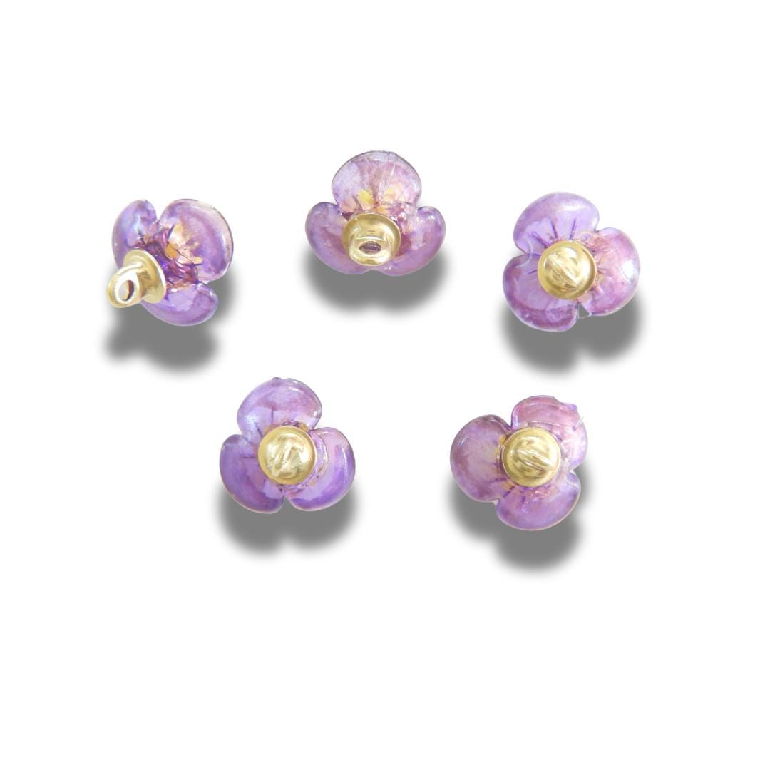 Tiny purple and gold jeweled buttons with yellow rhinestone centers—8 mm, set of 5, handmade in Canada. For jewelry, sewing, orDIY crafts.