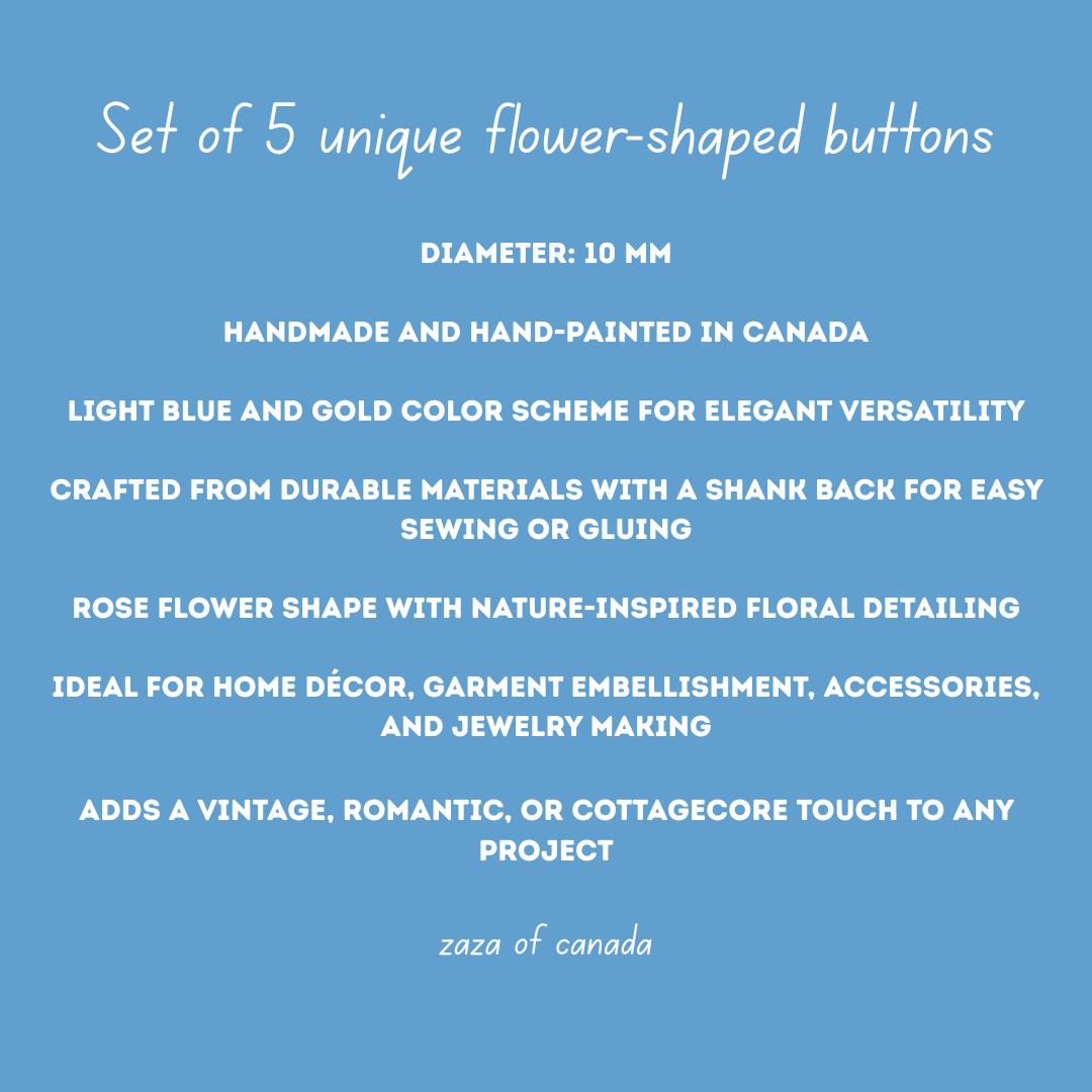 Set of 5 rose-shaped buttons, light blue. For sewing, crafts, home decoration, jewelry making. With a shank back for easy attachment, 10 mm