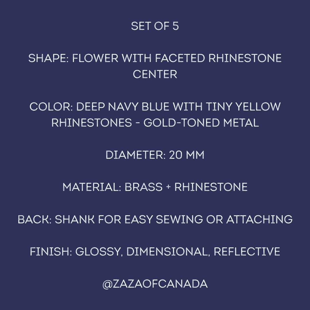 Navy blue flower buttons with yellow rhinestones. Set of 5, 20 mm, Glossy finish, made in Canada, with shank back. For sewing and decorating