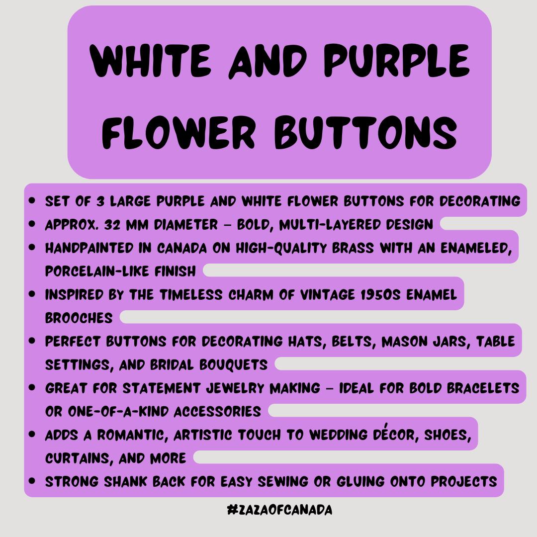 Hand-painted purple and white flower buttons for decorating hats, belts, and bridal décor. 32 mm, set of 3, with a shank, vintage-inspired.