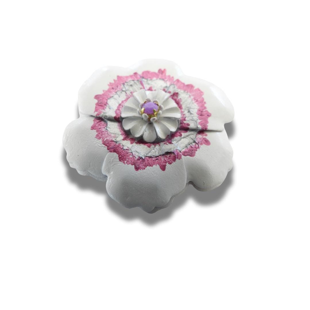 Handmade oversized white flower button with matte rhinestone center. 45 mm, lightweight, perfect for hats, belts, crafts & floral décor.