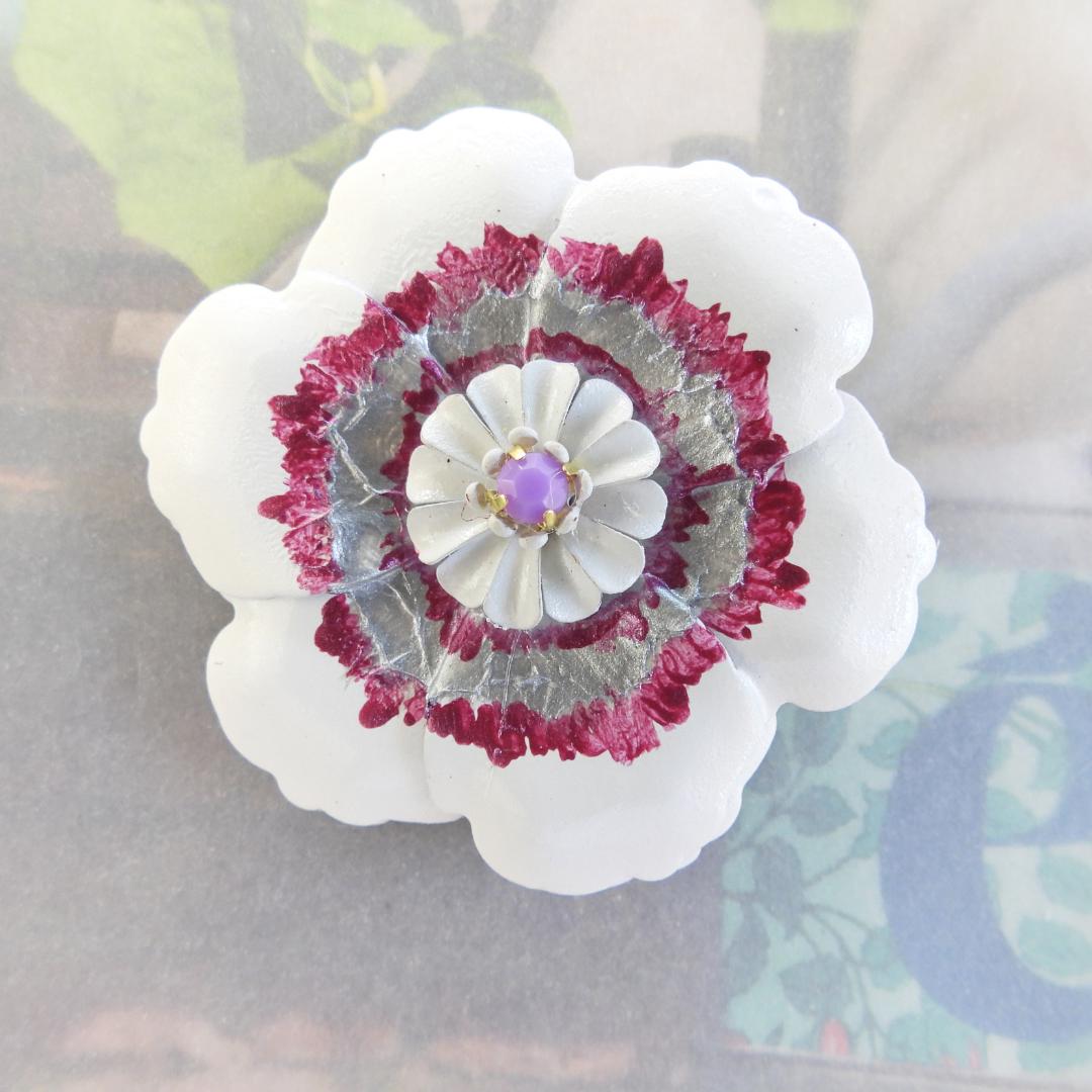 Handmade oversized white flower button with matte rhinestone center. 45 mm, lightweight, perfect for hats, belts, crafts & floral décor.