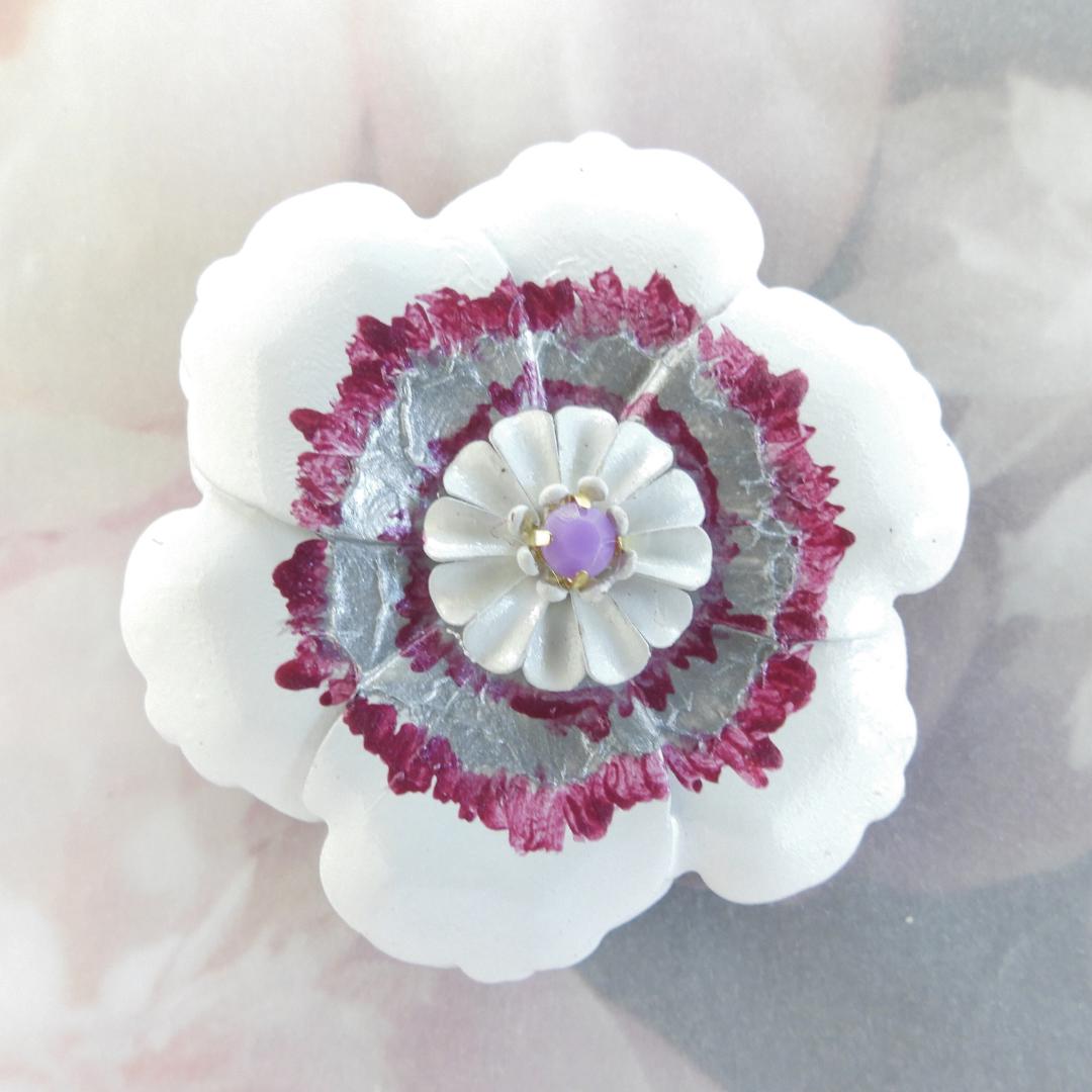 Handmade oversized white flower button with matte rhinestone center. 45 mm, lightweight, perfect for hats, belts, crafts & floral décor.