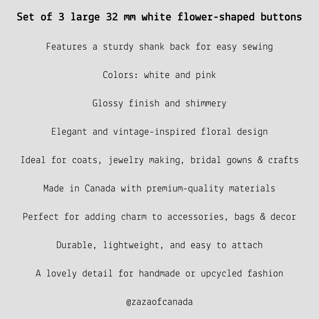 32 mm white flower shank buttons with a pink detail – For coats, crafts & bridal sewing. Handmade in Canada and vintage-inspired, set of 3