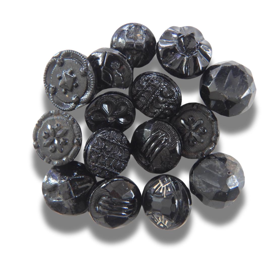 Tiny vintage black glass buttons (approx. 7–9 mm) with shank backs- Ideal for romantic or goth chokers, old-fashioned crafts and more