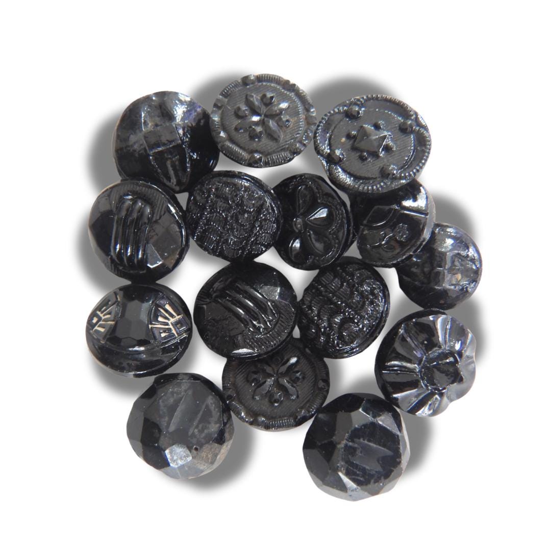 Tiny vintage black glass buttons (approx. 7–9 mm) with shank backs- Ideal for romantic or goth chokers, old-fashioned crafts and more