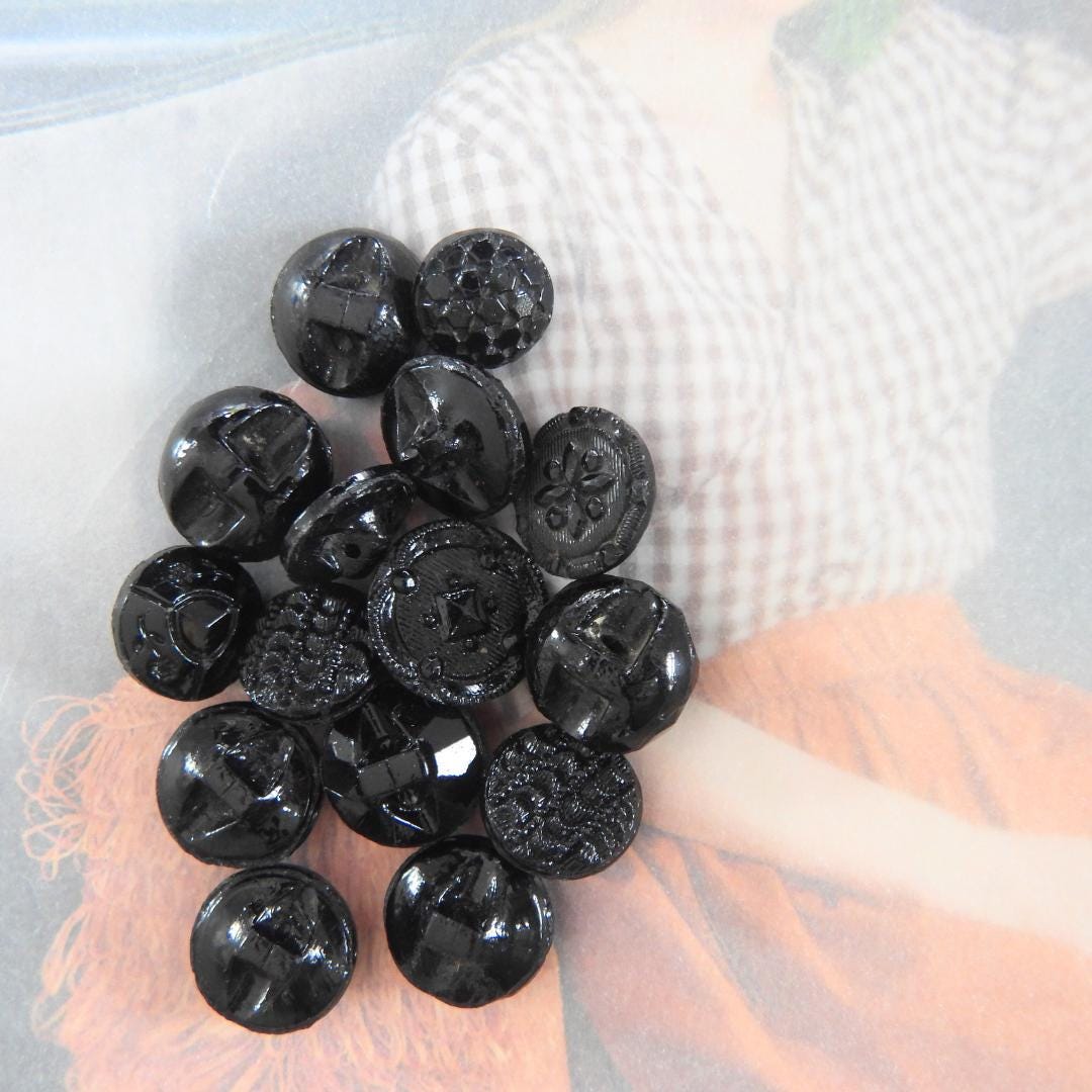 Tiny vintage black glass buttons (approx. 7–9 mm) with shank backs- Ideal for romantic or goth chokers, old-fashioned crafts and more