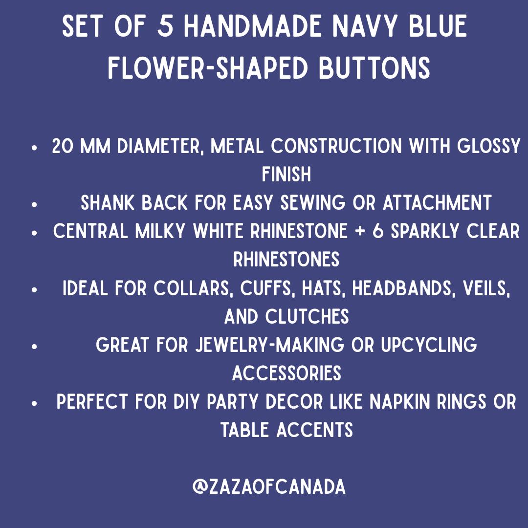 Navy blue flower buttons with rhinestones. Glossy metal finish, Set of 5, 20 mm, handmade, with shank back—perfect for sewing and decorating