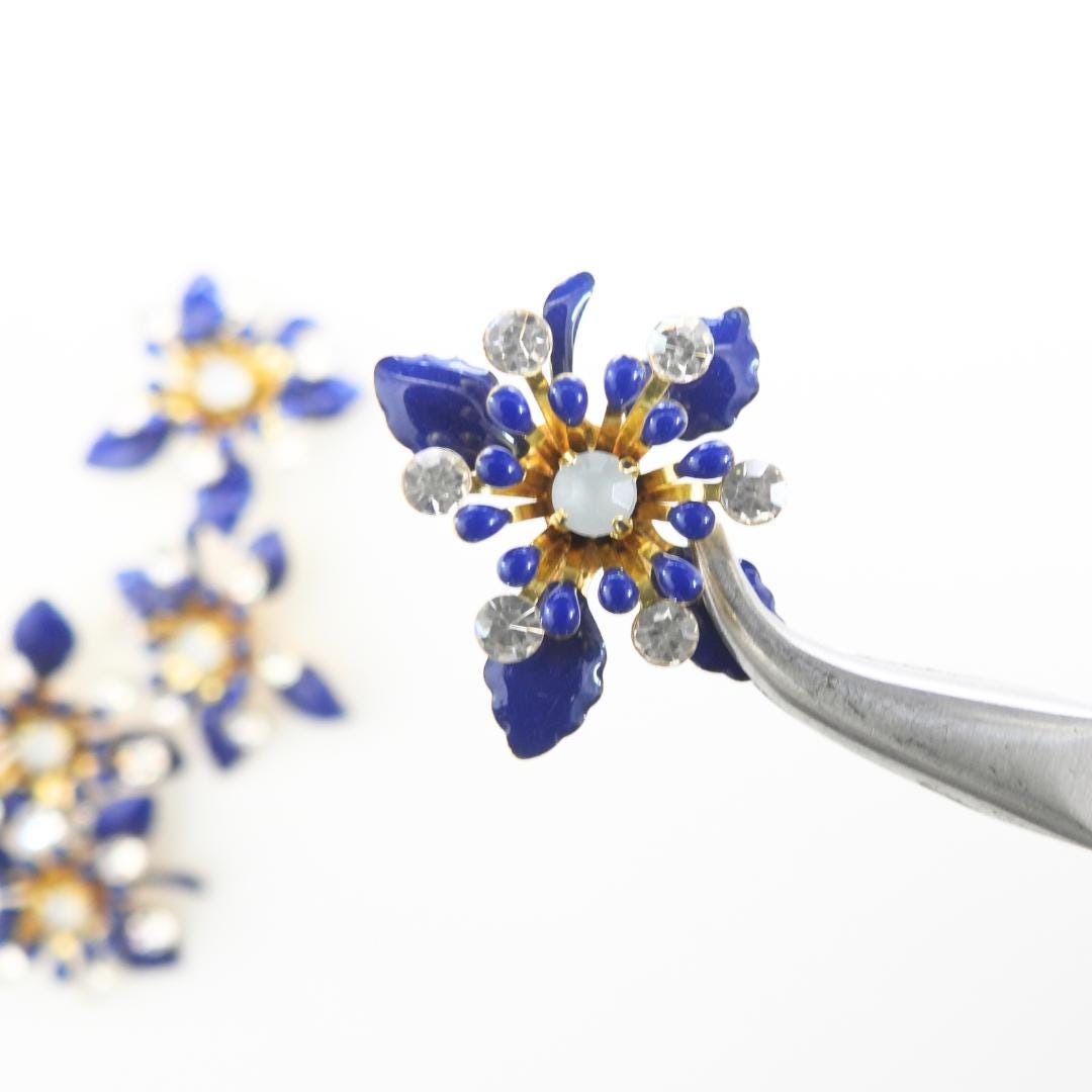 Navy blue flower buttons with rhinestones. Glossy metal finish, Set of 5, 20 mm, handmade, with shank back—perfect for sewing and decorating