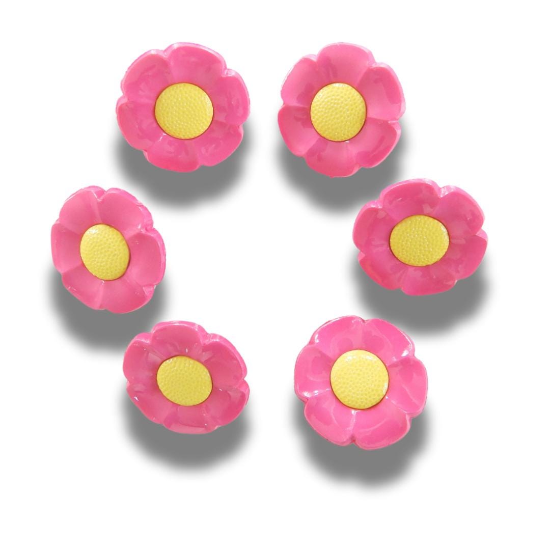 Decorative flower-shaped buttons, pink yellow. Set of 5, shank back, 1 inch, for embellishing tea towels, tote bags, hair accessories