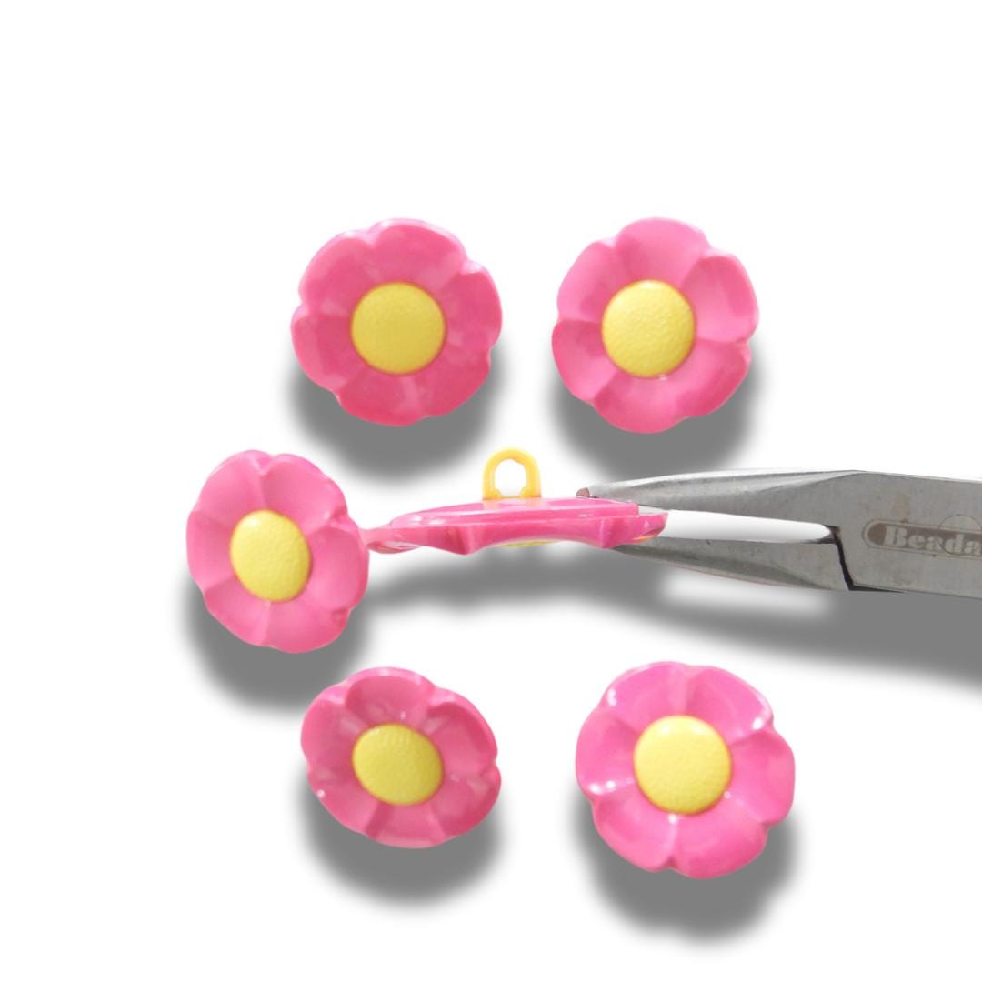 Decorative flower-shaped buttons, pink yellow. Set of 5, shank back, 1 inch, for embellishing tea towels, tote bags, hair accessories