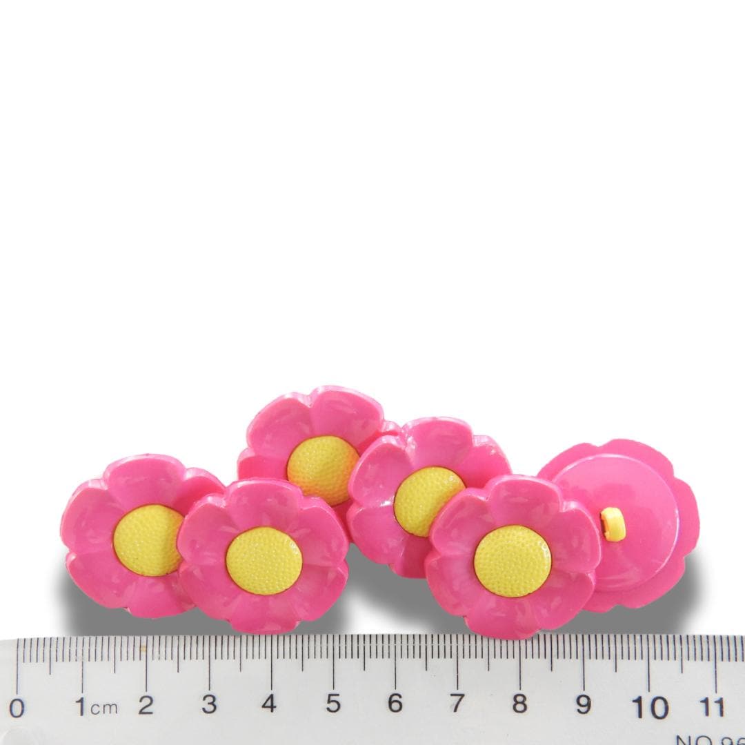 Decorative flower-shaped buttons, pink yellow. Set of 5, shank back, 1 inch, for embellishing tea towels, tote bags, hair accessories