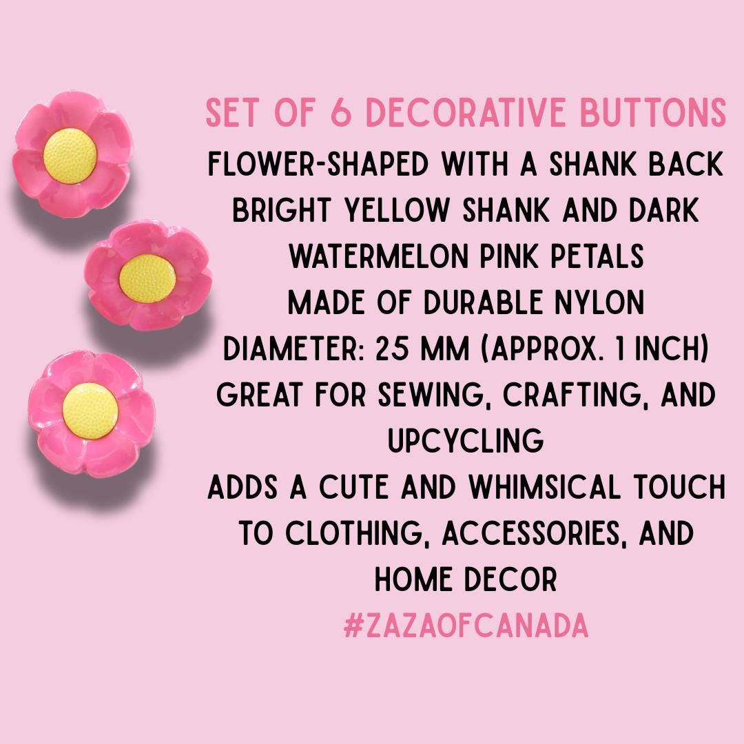 Decorative flower-shaped buttons, pink yellow. Set of 5, shank back, 1 inch, for embellishing tea towels, tote bags, hair accessories, etc