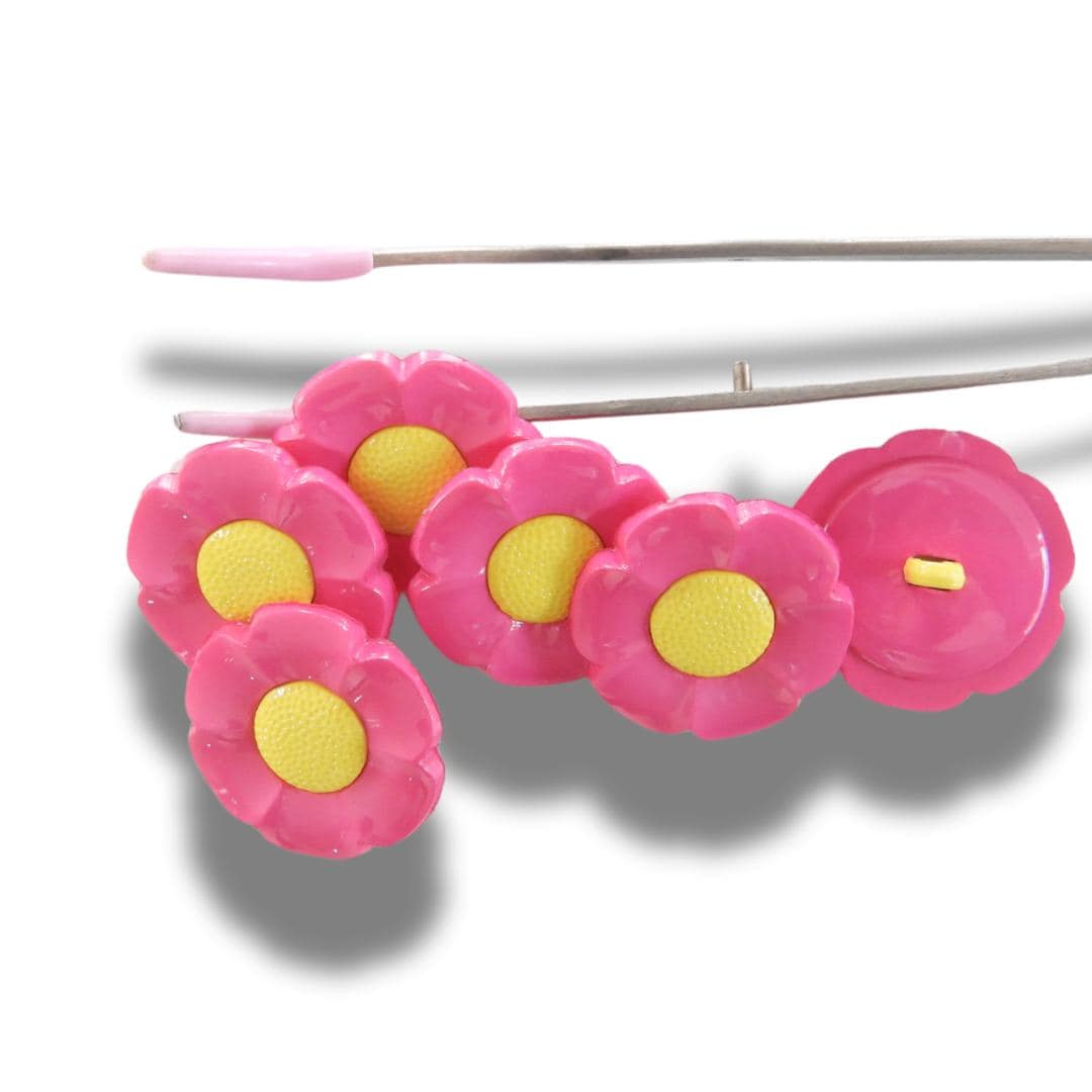 Decorative flower-shaped buttons, pink yellow. Set of 5, shank back, 1 inch, for embellishing tea towels, tote bags, hair accessories, etc