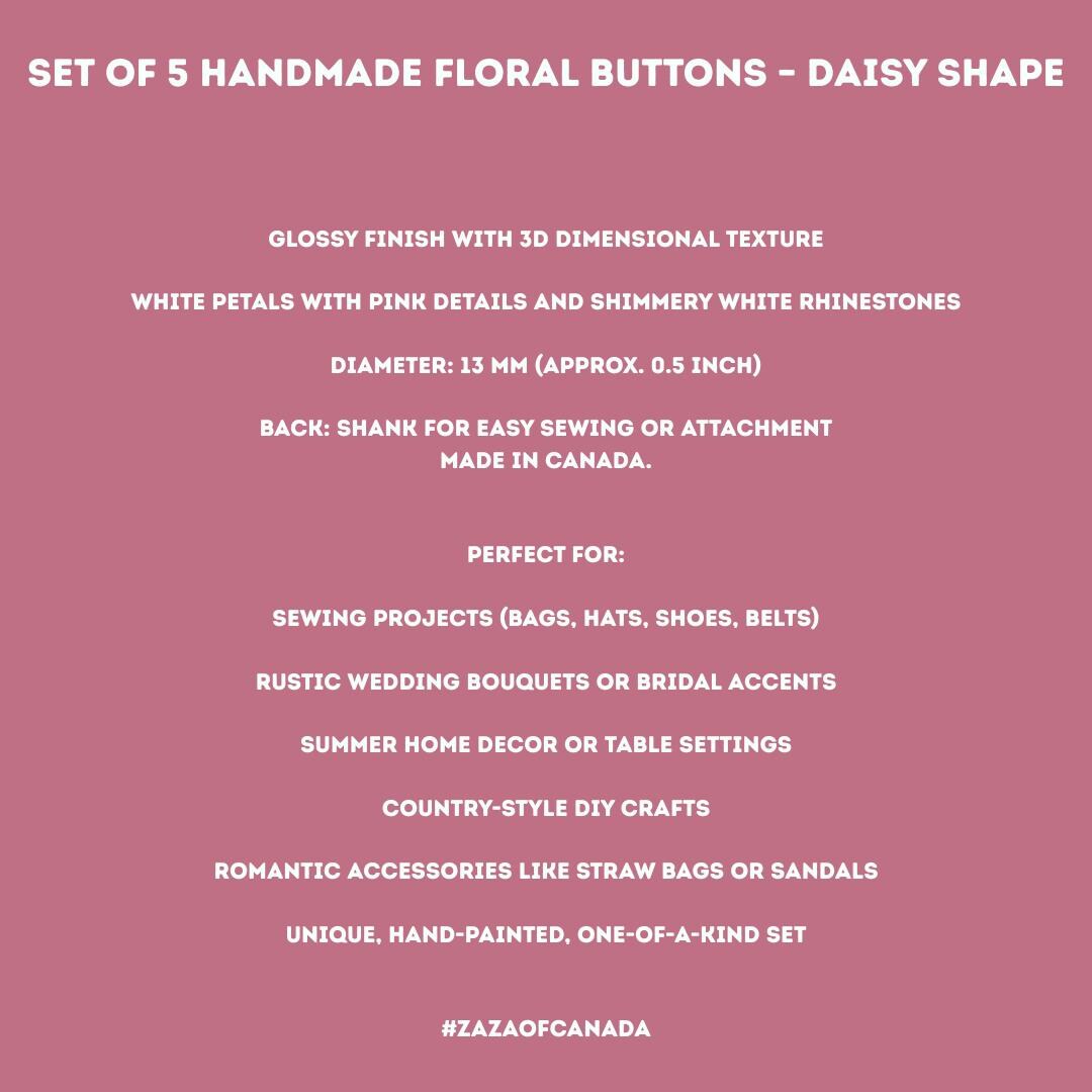 Daisy flower-shaped buttons with a shank! Set of 5, 13 mm. Nice on wedding bouquet, country-style crafts and more. Handmade in Canada.