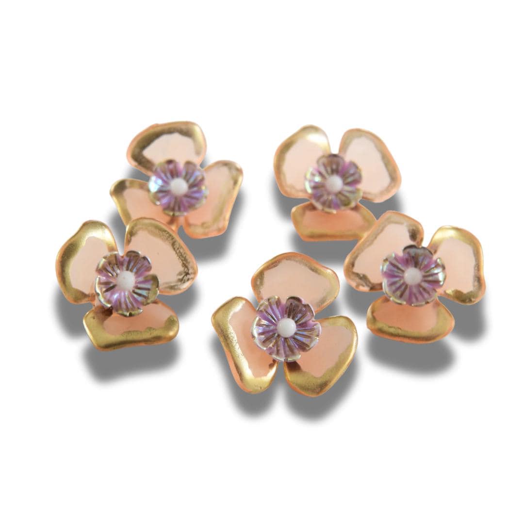 Set of 5 pastel flower buttons with shimmery finishes. Perfect for embellishing nude, beige, tan accessories, crafts, or DIY jewelry. 20 mm