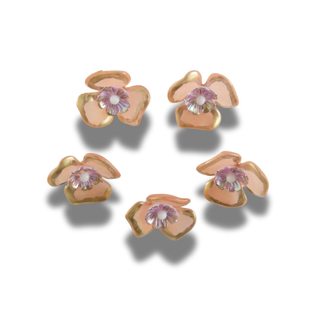 Set of 5 pastel flower buttons with shimmery finishes. Perfect for embellishing nude, beige, tan accessories, crafts, or DIY jewelry. 20 mm