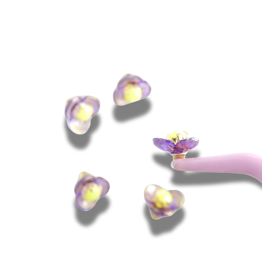 Tiny purple and gold jeweled buttons with yellow rhinestone centers—8 mm, set of 5, handmade in Canada. For jewelry, sewing, orDIY crafts.