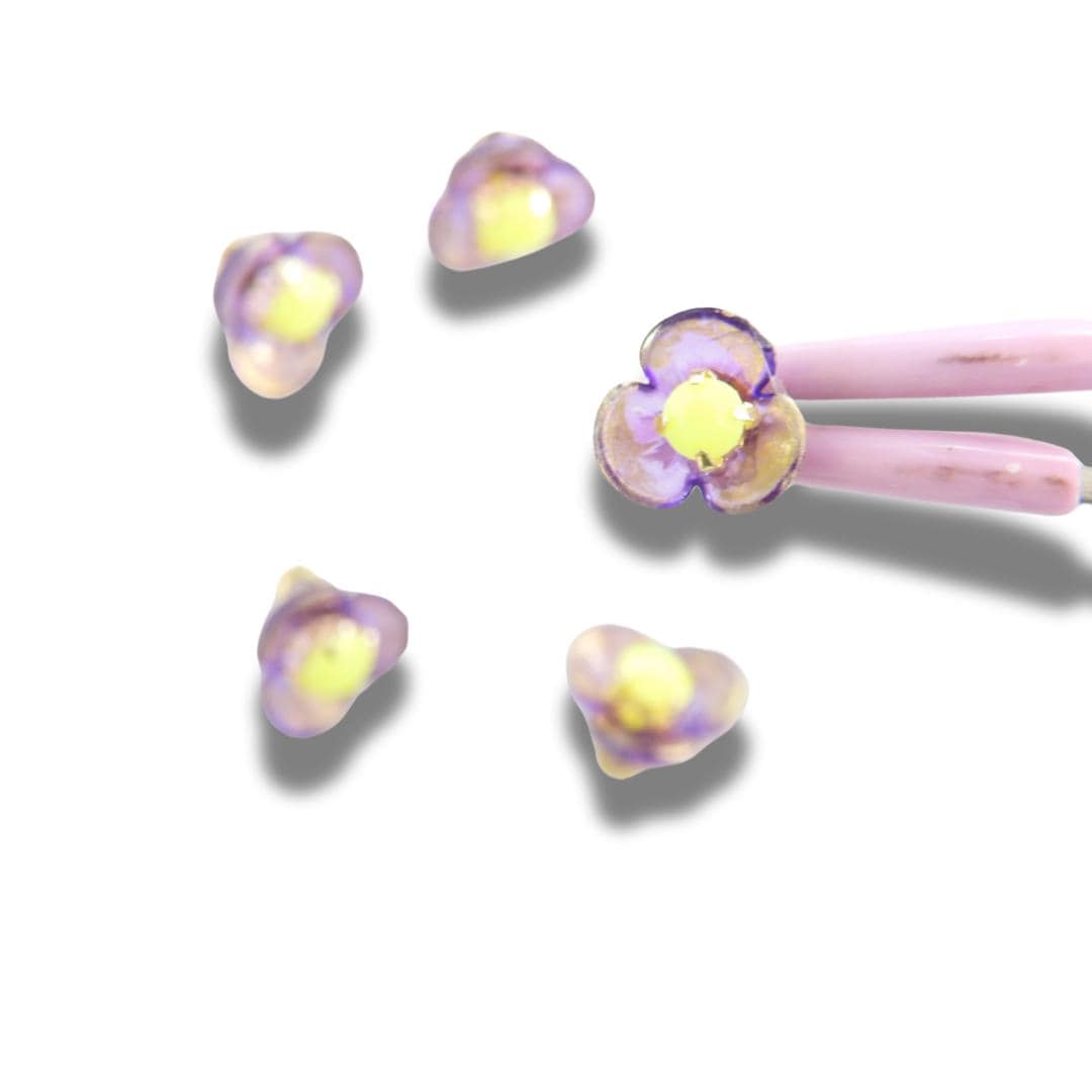 Tiny purple and gold jeweled buttons with yellow rhinestone centers—8 mm, set of 5, handmade in Canada. For jewelry, sewing, orDIY crafts.