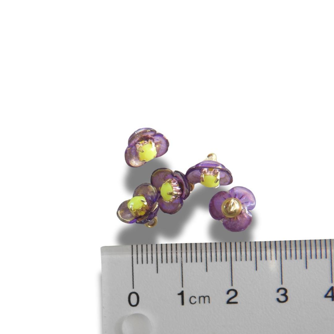 Tiny purple and gold jeweled buttons with yellow rhinestone centers—8 mm, set of 5, handmade in Canada. For jewelry, sewing, orDIY crafts.