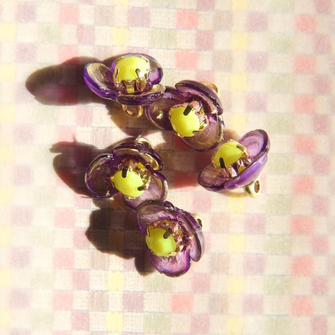 Tiny purple and gold jeweled buttons with yellow rhinestone centers—8 mm, handmade in Canada. Ideal for jewelry, sewing, and DIY crafts. Decorative cute fasteners