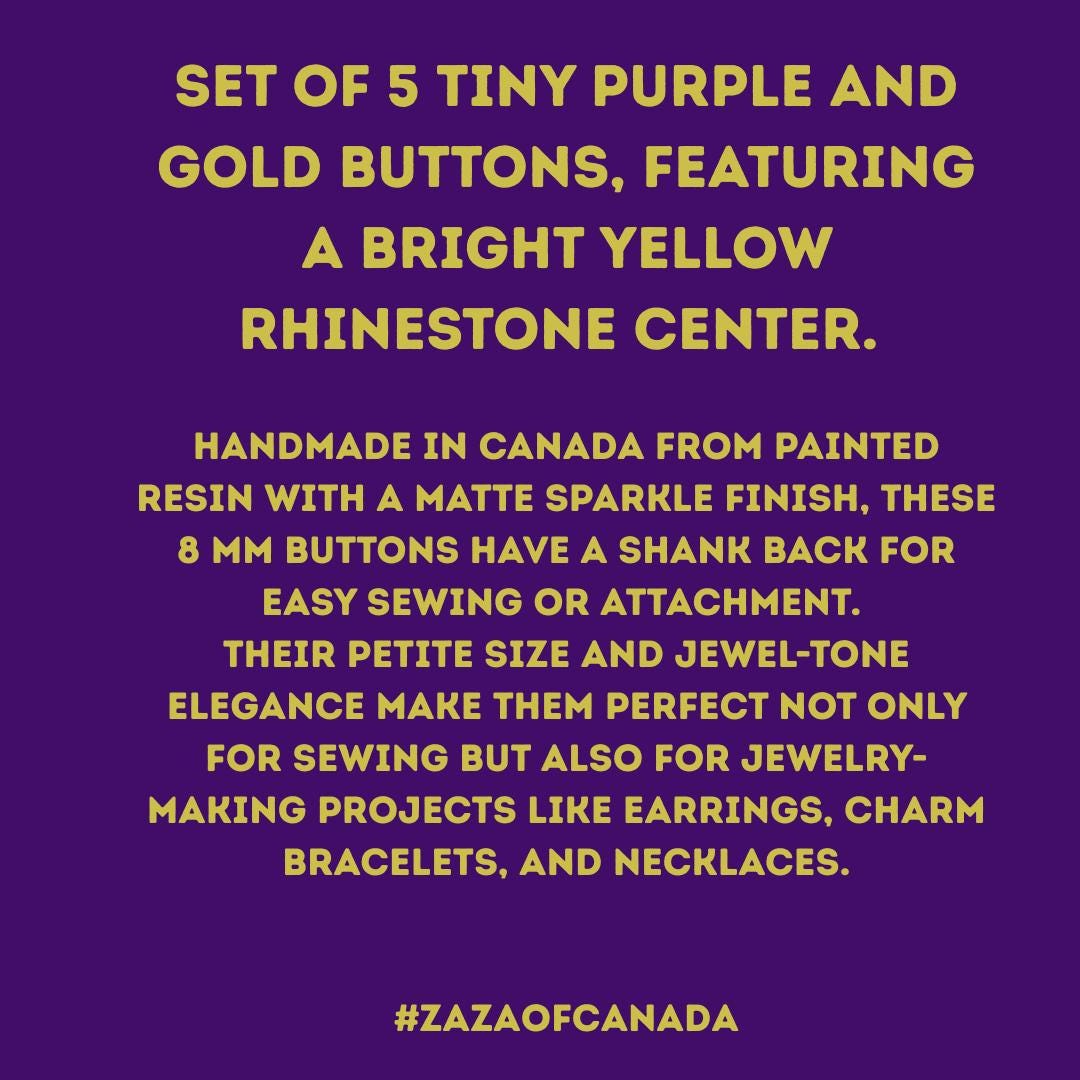 Tiny purple and gold jeweled buttons with yellow rhinestone centers—8 mm, set of 5, handmade in Canada. For jewelry, sewing, orDIY crafts.
