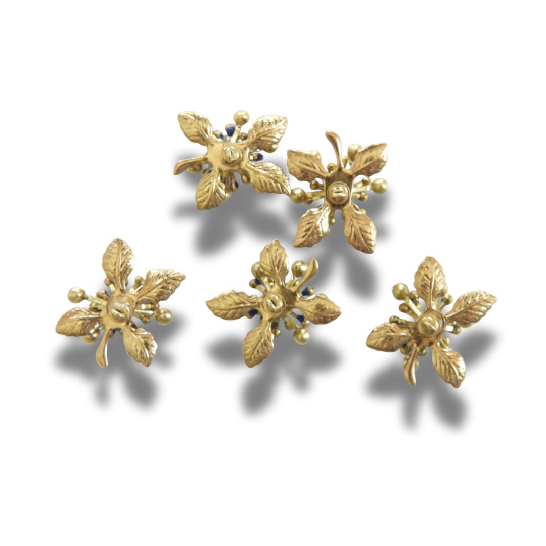 Navy blue flower buttons with yellow rhinestones. Set of 5, 20 mm, Glossy finish, made in Canada, with shank back. For sewing and decorating