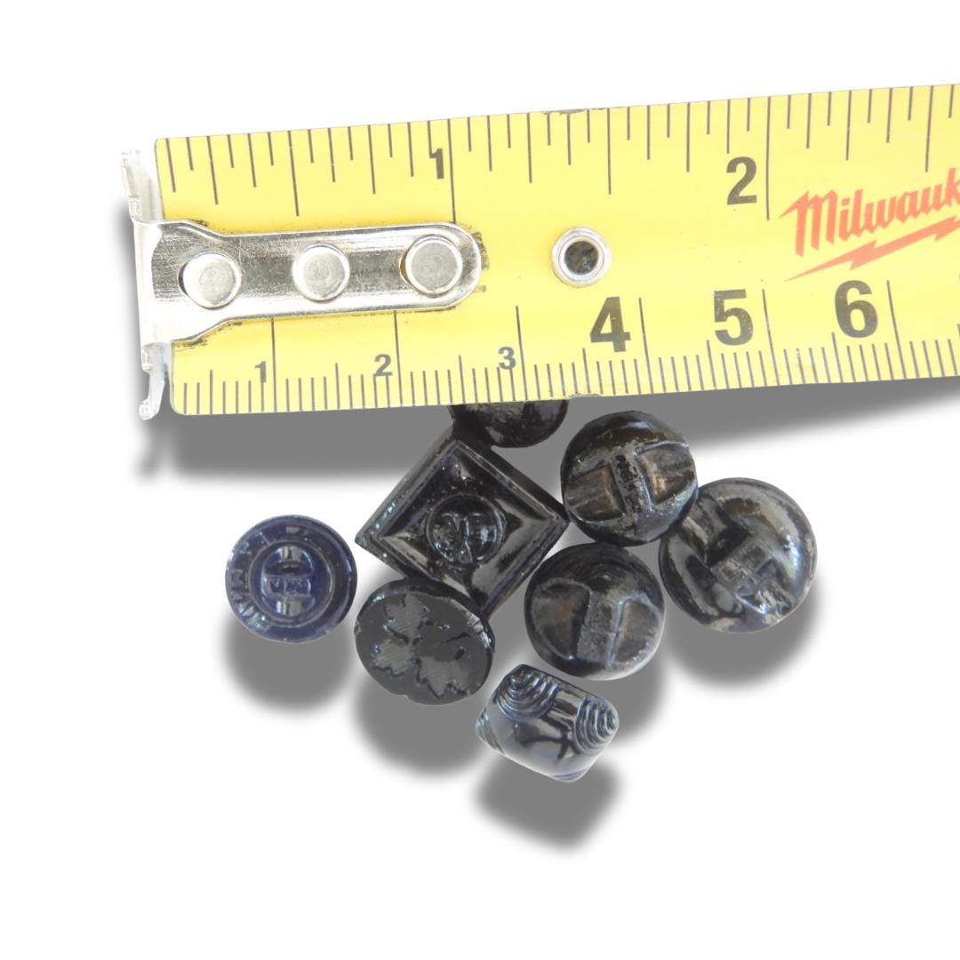 10 Czech black glass buttons from Europe. Perfect embellishments for thrifted or inherited garments—perfect for upcycling. With a shank back