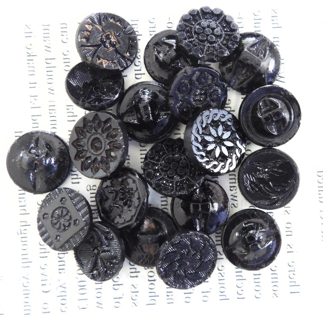 Vintage Black Glass Buttons - Set of 20