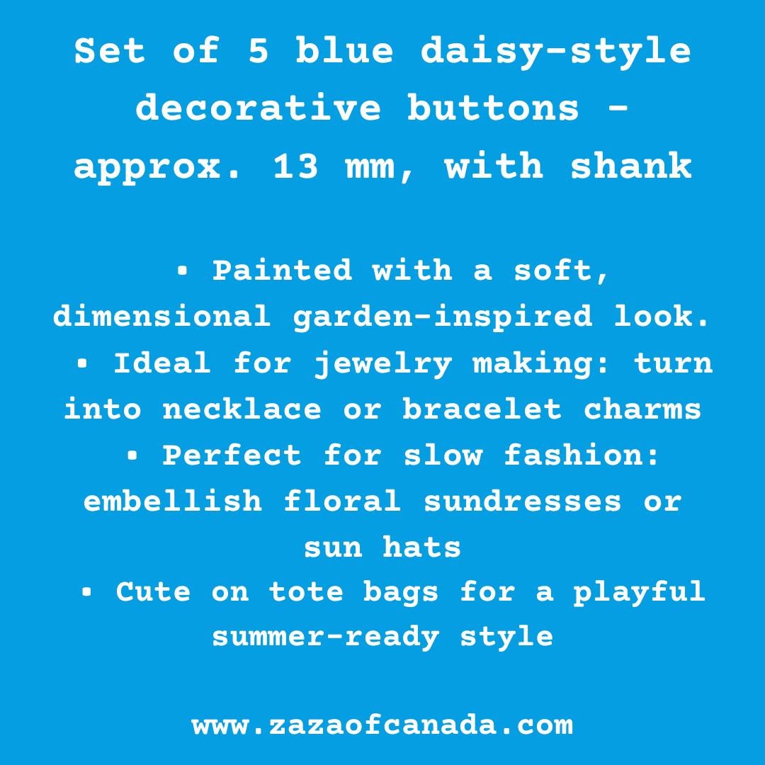 Blue daisy-shaped buttons for summer crafts & jewelry. Add floral flair to sundresses, hats or totes. Set of 5, 13mm, shank back