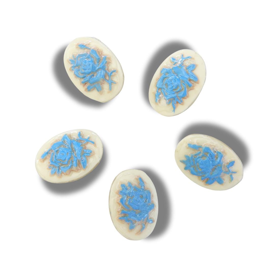 Vintage-inspired set of 5 oval cameo buttons with floral design, perfect for sewing, crafts, and jewelry making. Gift-ready for creatives!