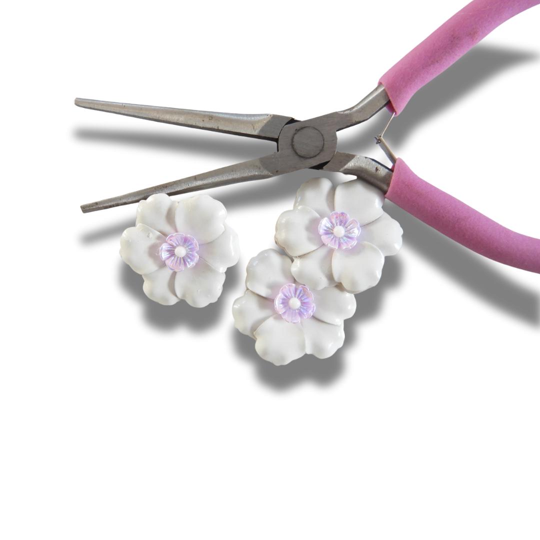 32 mm white flower shank buttons with a pink detail – For coats, crafts & bridal sewing. Handmade in Canada and vintage-inspired, set of 3