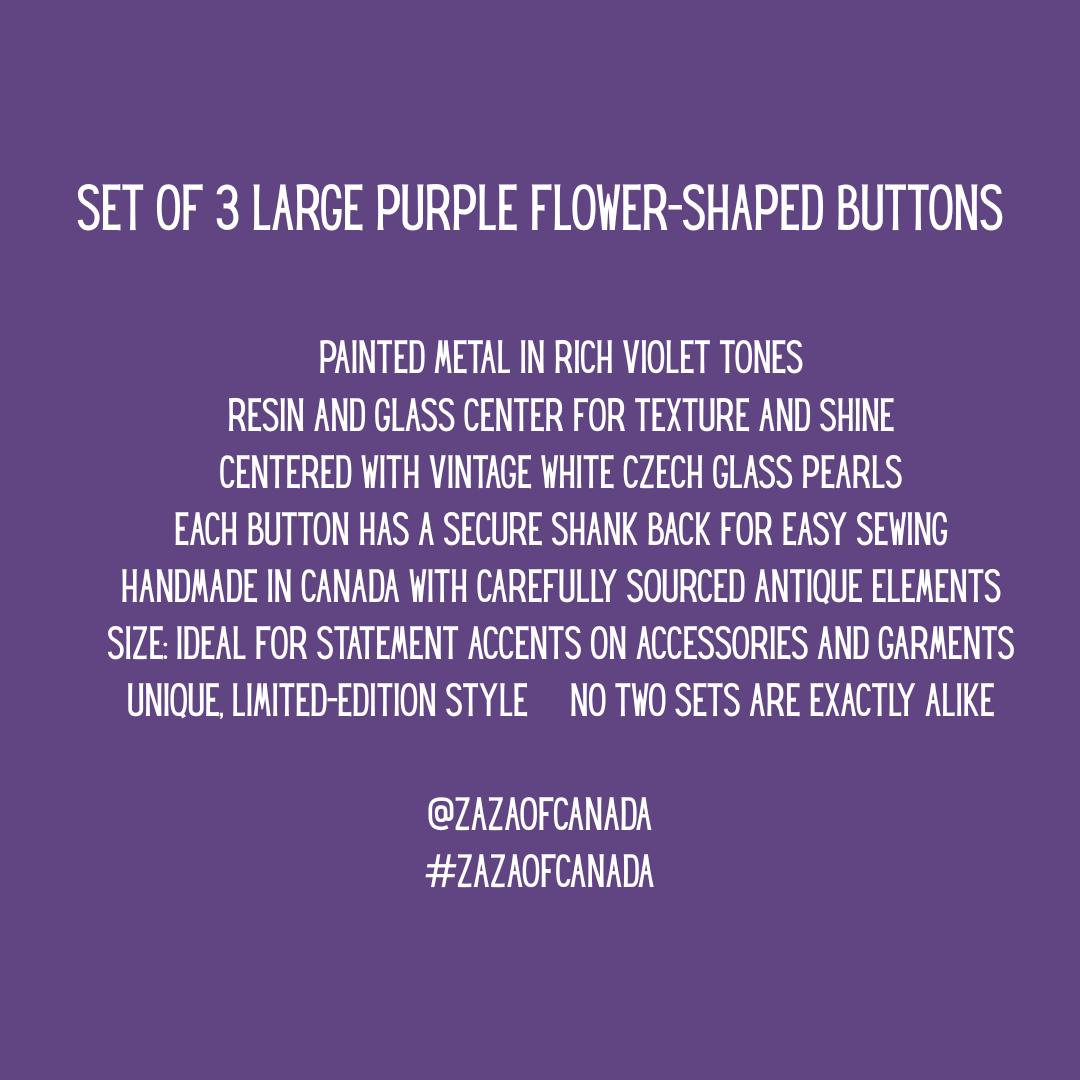 Set of 3 large purple flower buttons for decorating, crafting or sewing. For unique, embellished decorative projects. 35 mm, Fast shipping