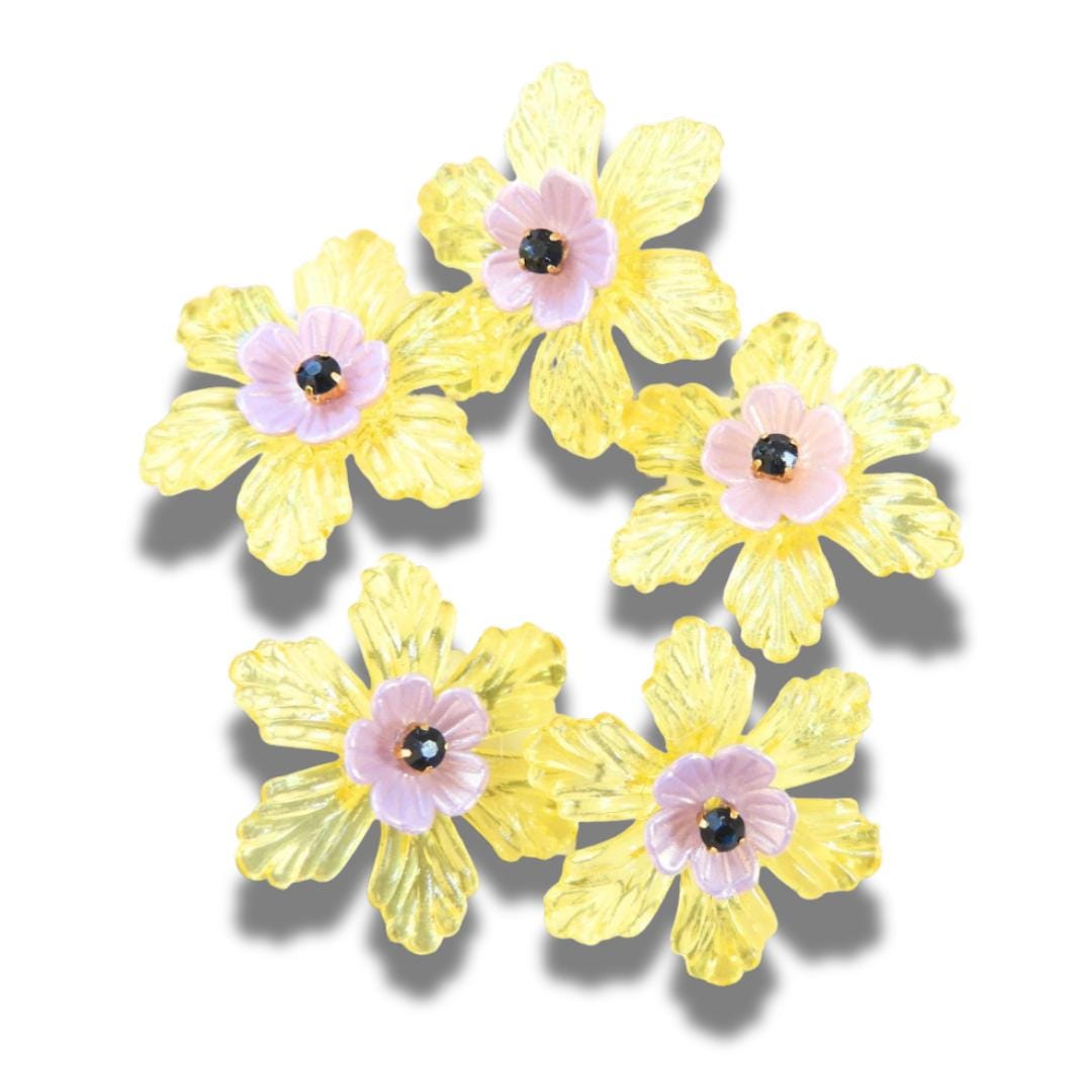 Set of 5 Fancy Flower Buttons in Purple & Lemon Yellow – 30 mm