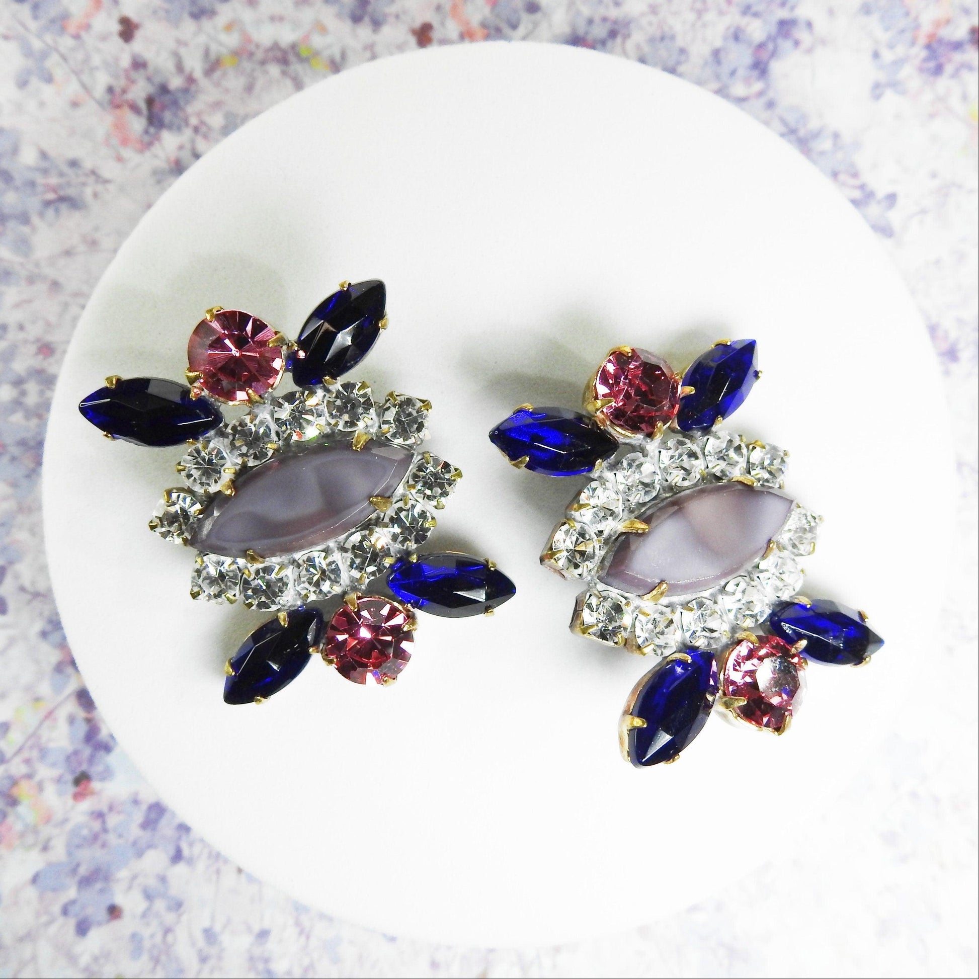 Large Czech glass shank buttons jewels for sewing with purple blue glowing crystal rhinestones for button bouquet designers & jewelry makers