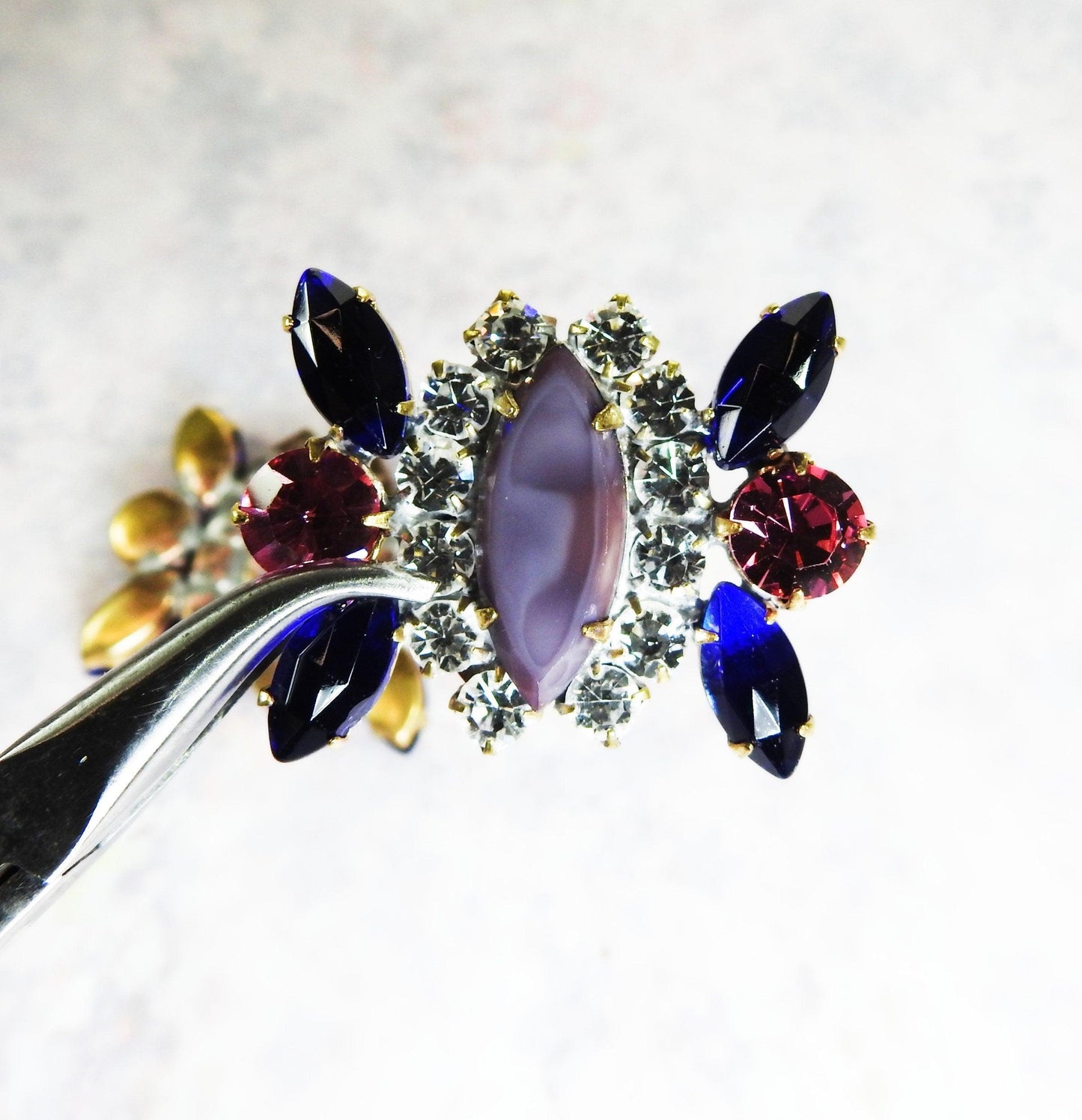 Large Czech glass shank buttons jewels for sewing with purple blue glowing crystal rhinestones for button bouquet designers & jewelry makers