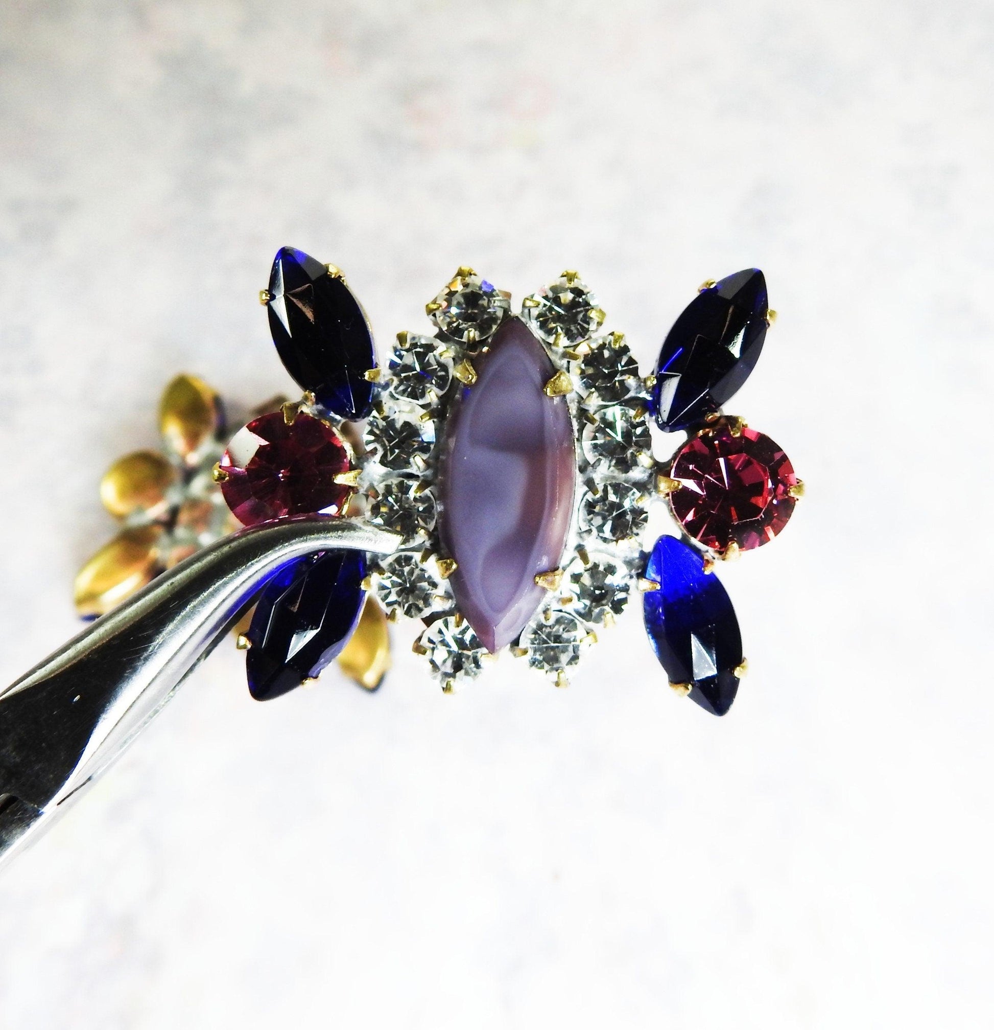 Large Czech glass shank buttons jewels for sewing with purple blue glowing crystal rhinestones for button bouquet designers & jewelry makers