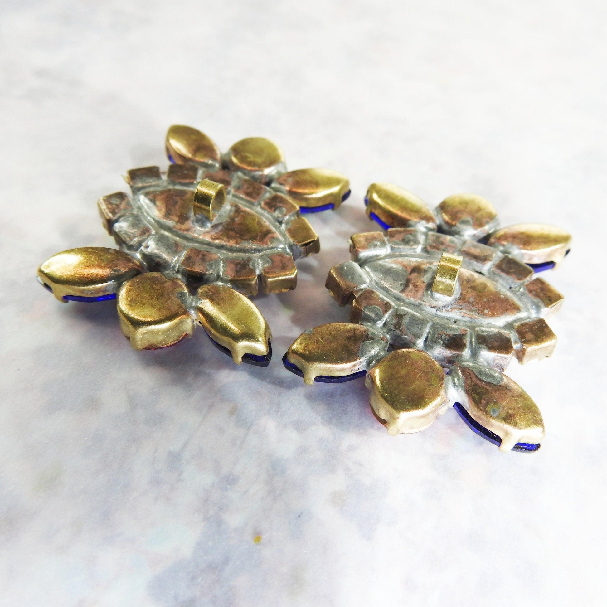 Large Czech glass shank buttons jewels for sewing with purple blue glowing crystal rhinestones for button bouquet designers & jewelry makers