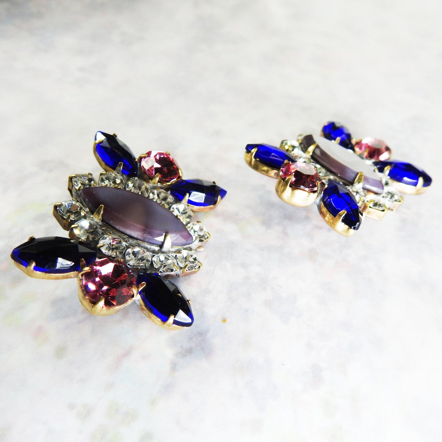 Large Czech glass shank buttons jewels for sewing with purple blue glowing crystal rhinestones for button bouquet designers & jewelry makers