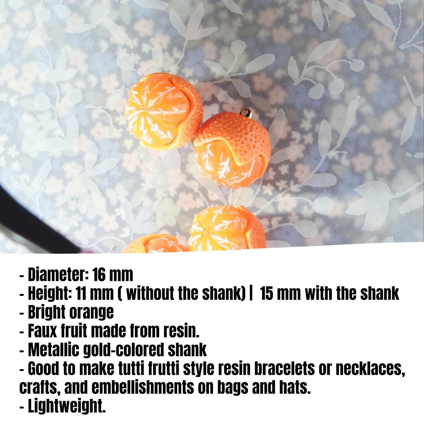 5 Fruit orange shaped buttons with a shank for sewing, making colorful charm bracelet jewelry, colored DIY or cute fun crafts for teenagers