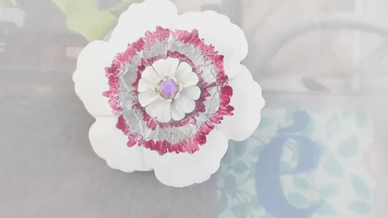 Handmade oversized white flower button with matte rhinestone center. 45 mm