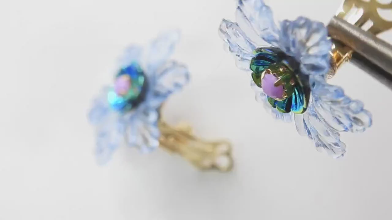 Light Blue Flower Clip on earrings for women - Colorful floral Earrings - Jewelry gift for mom