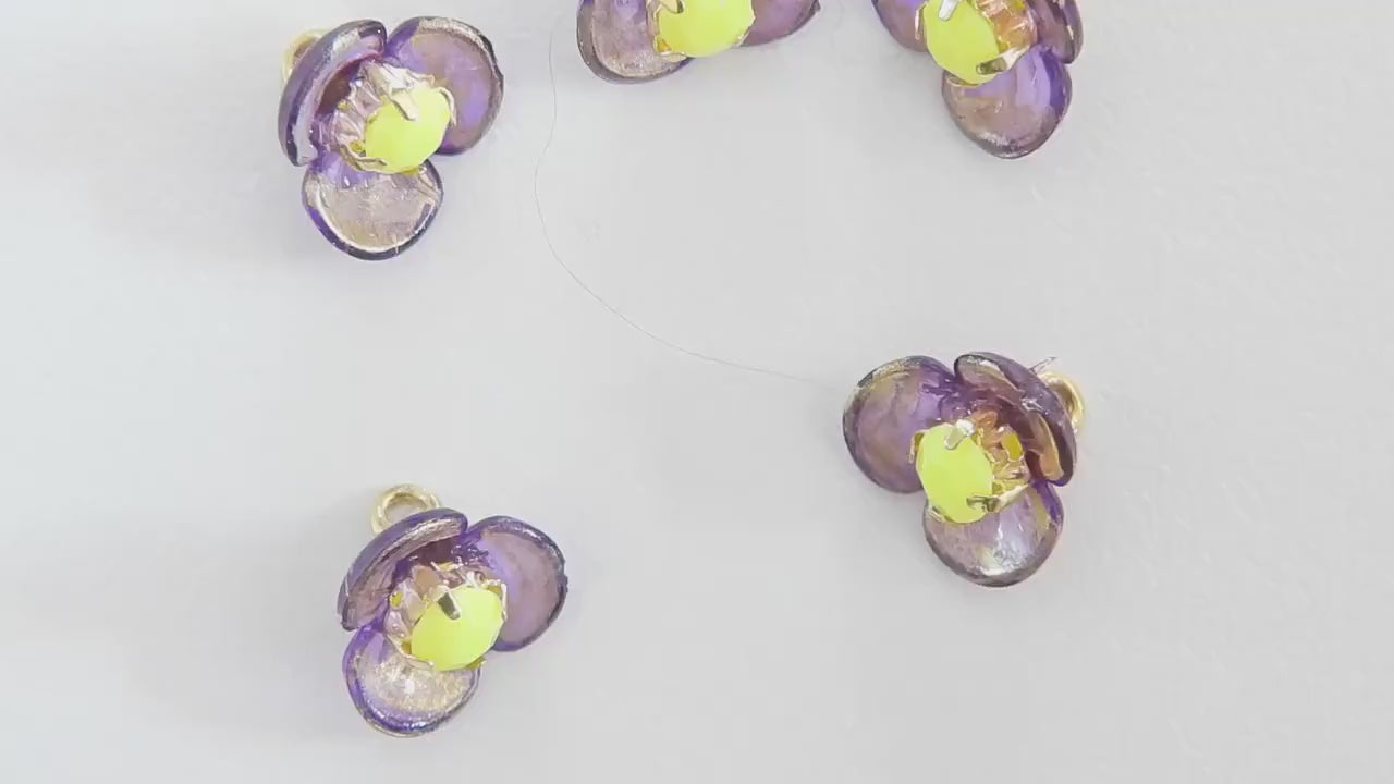 Tiny purple and gold jeweled buttons with yellow rhinestone centers—8 mm