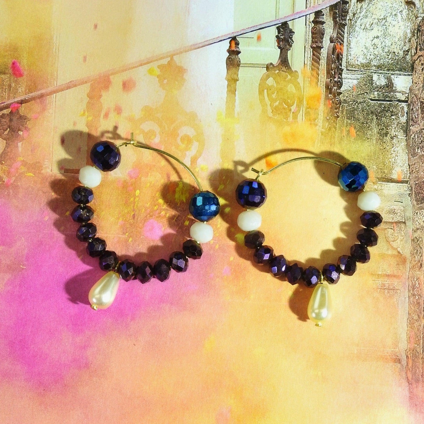 Purple glass bead earrings hoop with eye-catching dark blue, aubergine colored, and white faceted Austria glass beads. 30 mm