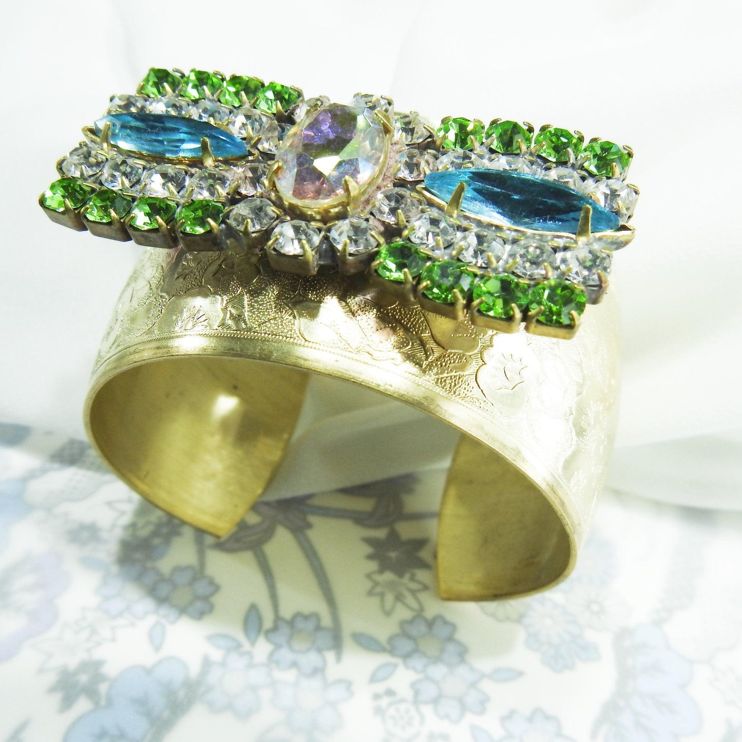 Stylish crystal wide cuff bracelet, unique bow bracelet, Gold color, blue and green rhinestone bracelet