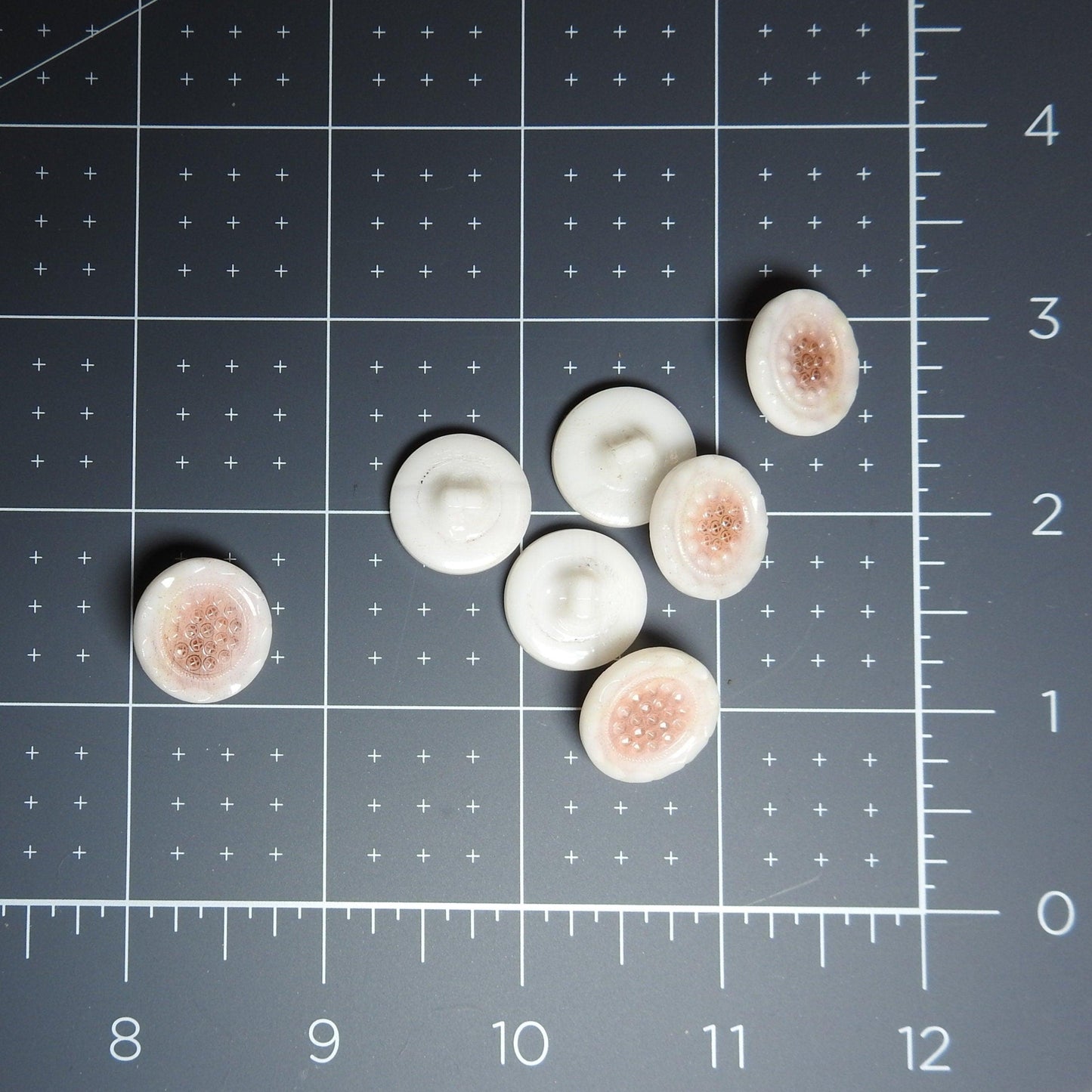 Vintage buttons set for sewing, white, textured and round, for a cardigan, women's jacket, old fashioned clutch bag or accessories, lot of 7