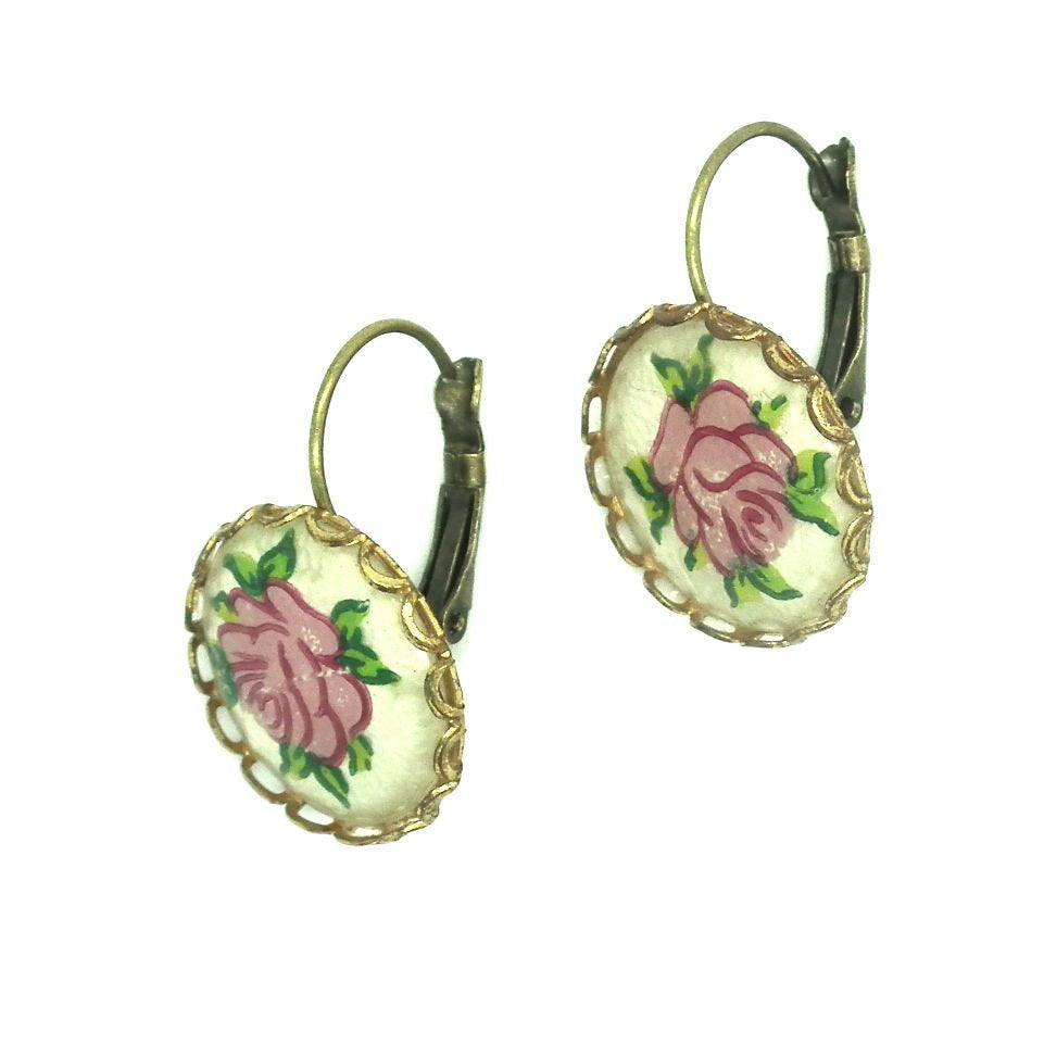 Vintage leverback drop earrings, flower leverback earrings, pink rose dangle earrings, One-of-a-Kind jewelry gift, old fashion earrings pink