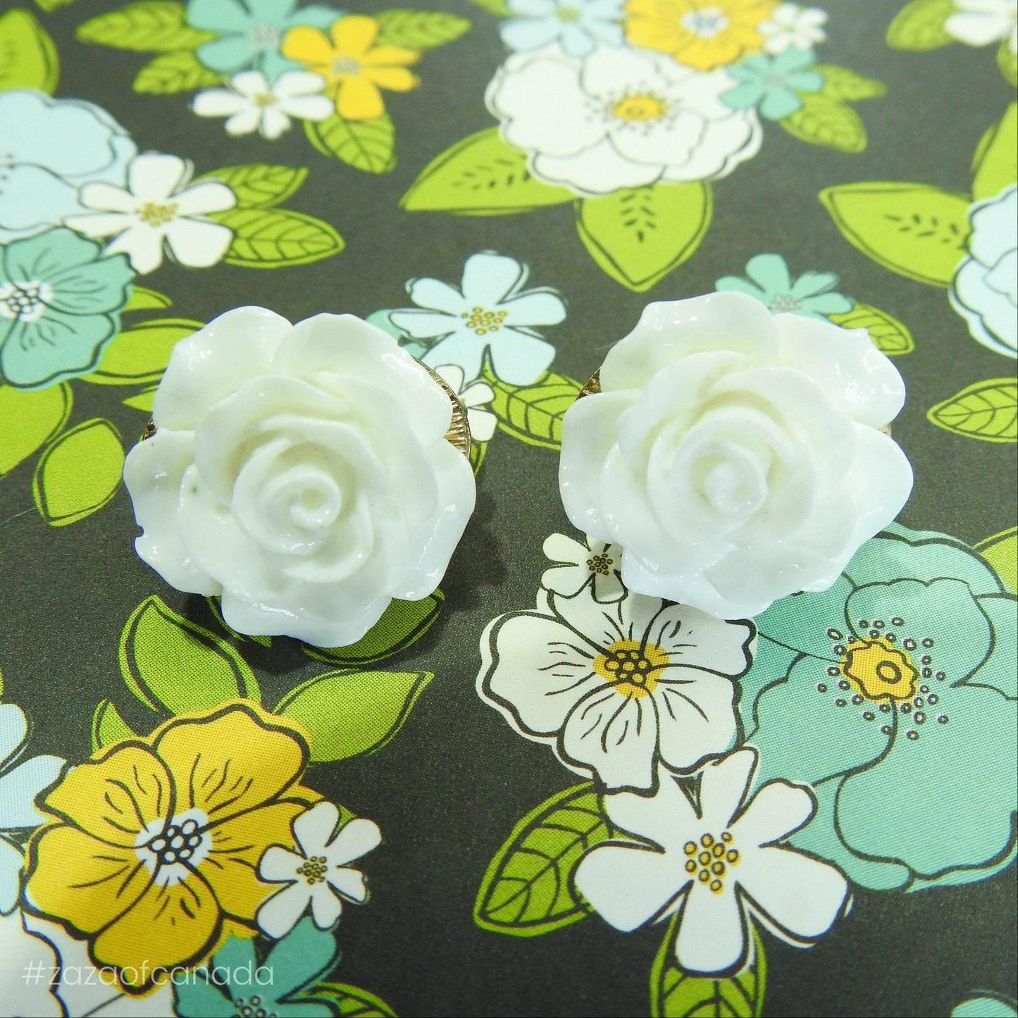 Vintage style white clip on earrings, flower earrings for non pierced ears