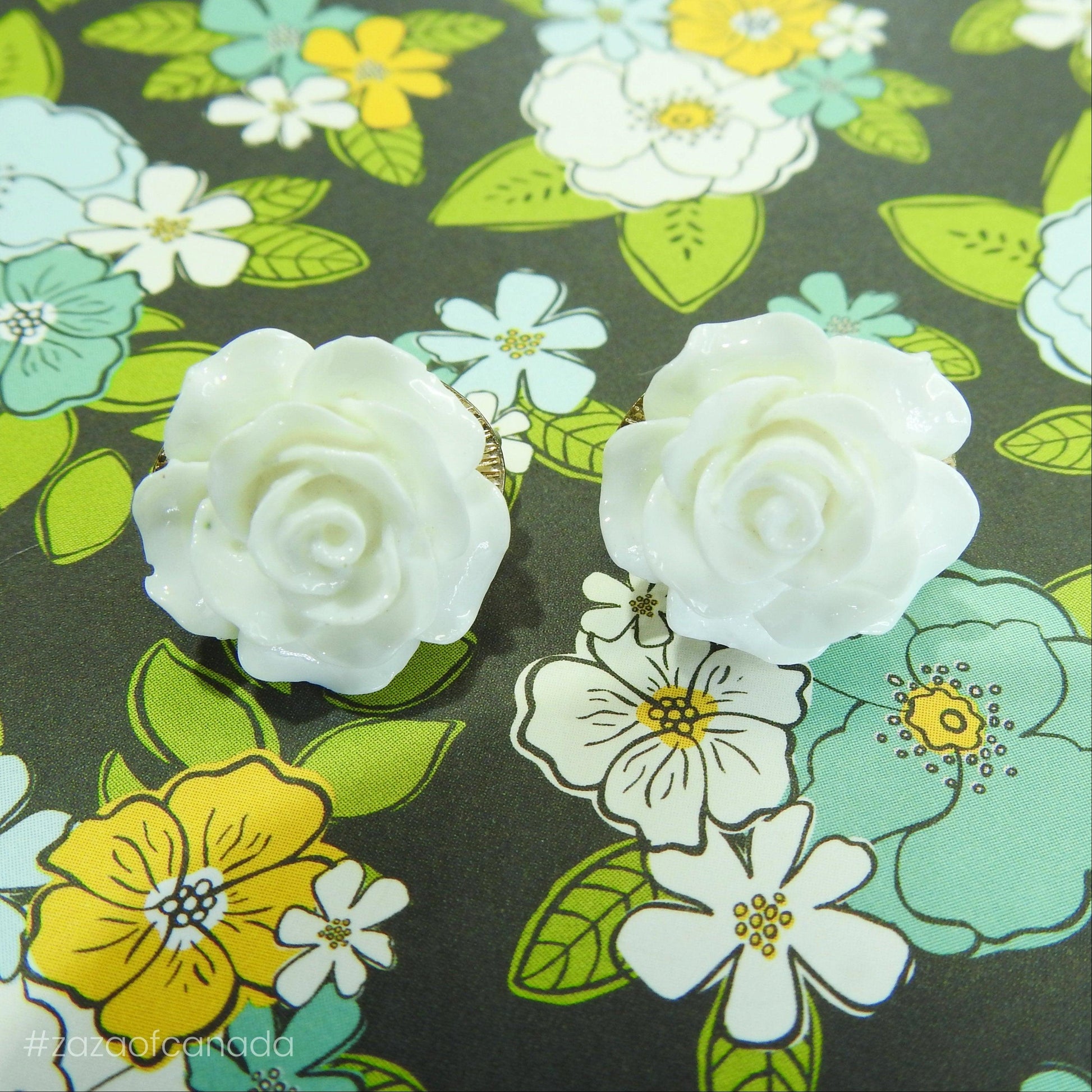 Vintage style white clip on earrings, flower earrings for non pierced ears